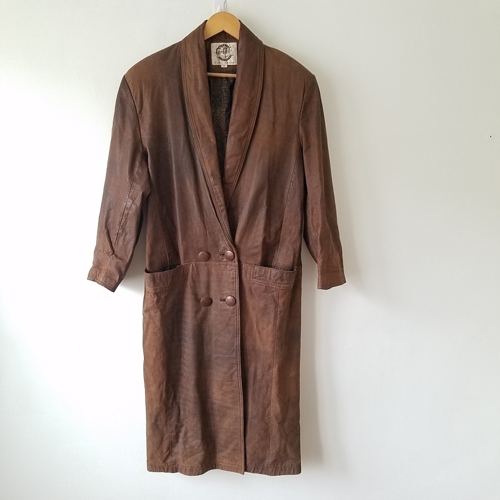 VINTAGE Global Identity G-III Brown Leather Trench Coat Jacket Medium